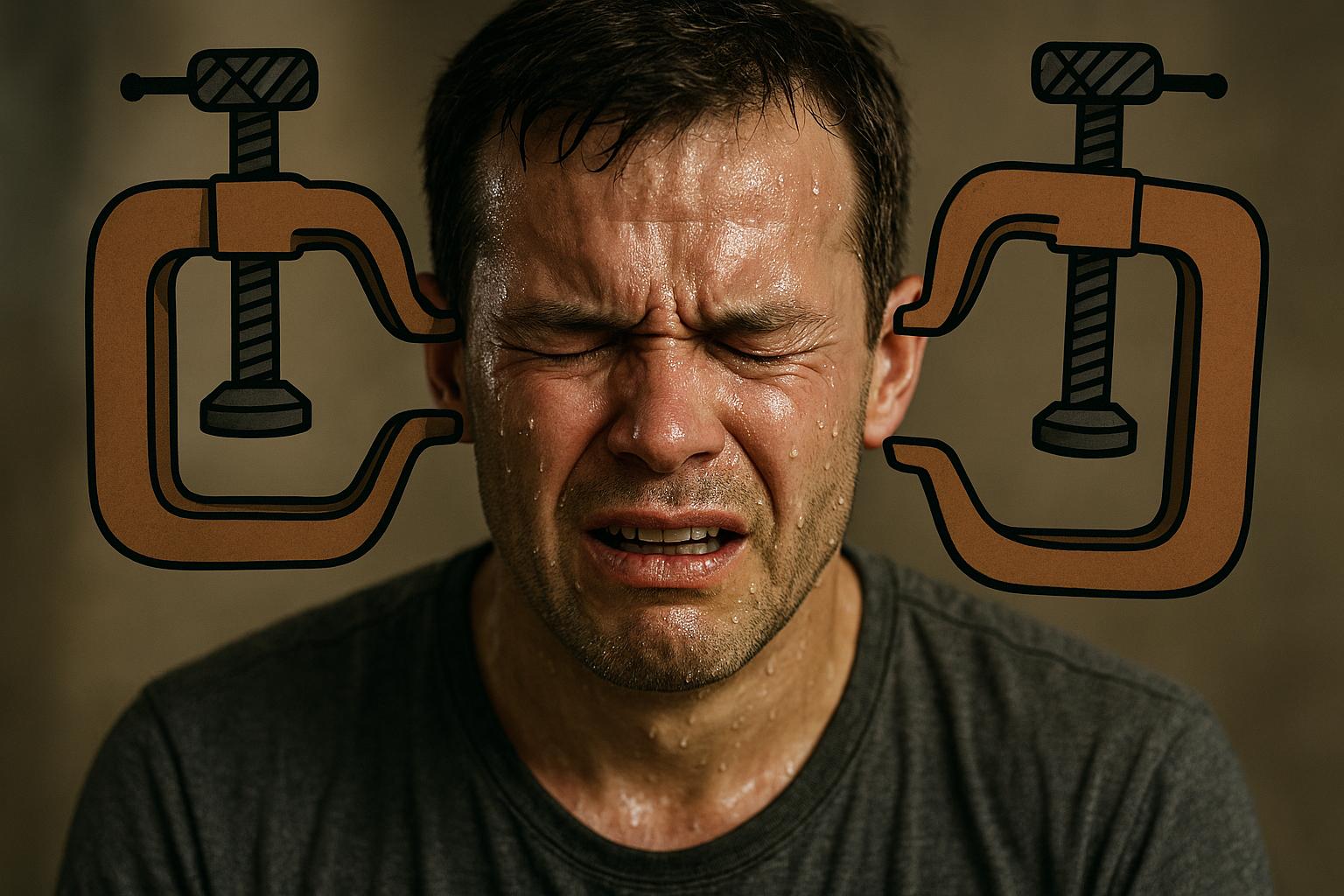 Mies hikoilee ruuvipuristimet pään molemmilla puolilla.