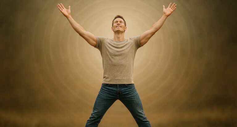 Mies seisoo jalat ja kädet ylöspäin harallaan katsoen ylöspäin. Ympärillä näkyy ympyrä.